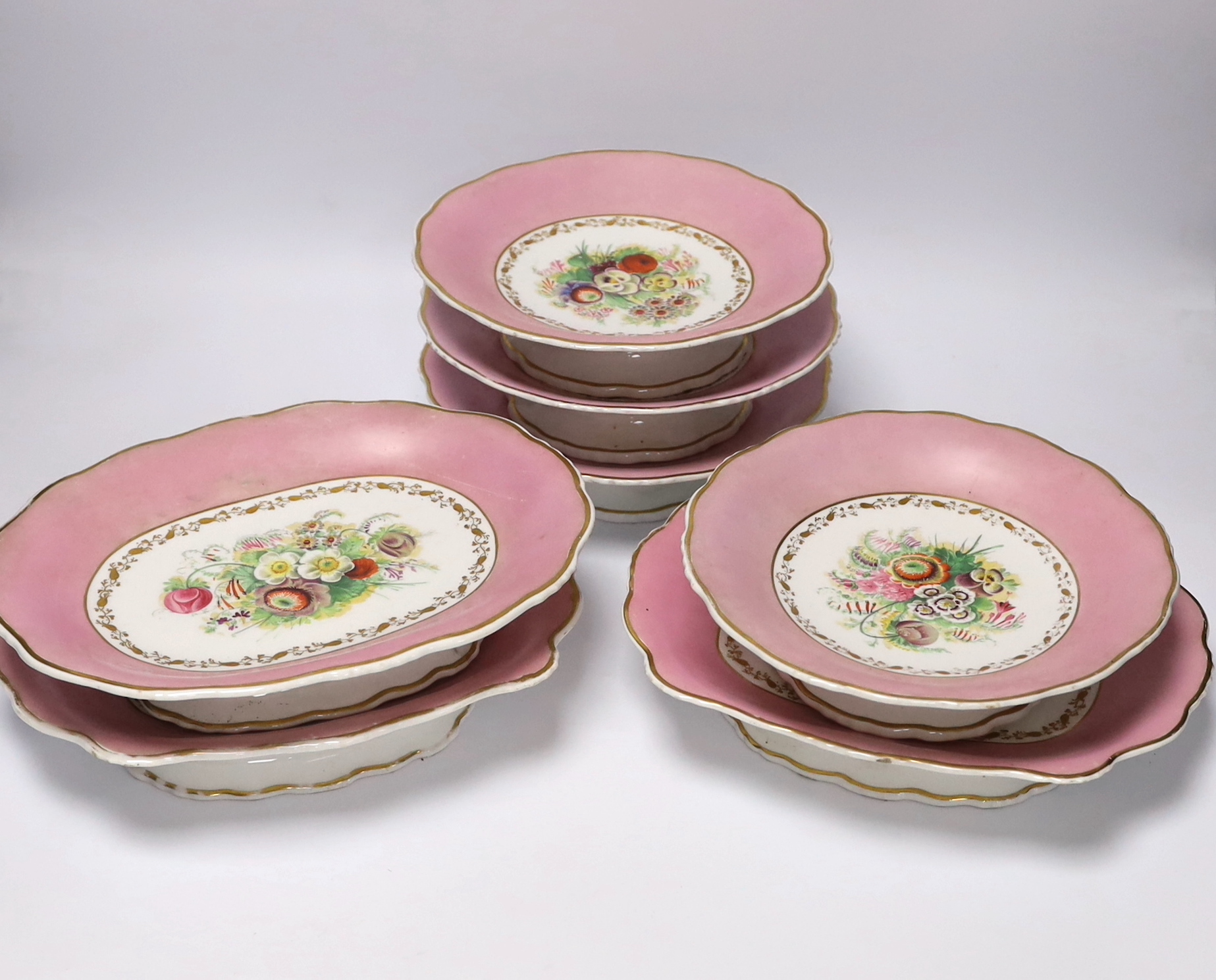 A seven piece dessert set, floral painted, impressed anchor mark